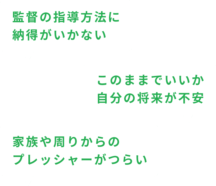 監督の指導方法に納得がいかない、チームメンバーと価値観が合わない、家族からのプレッシャーがつらい